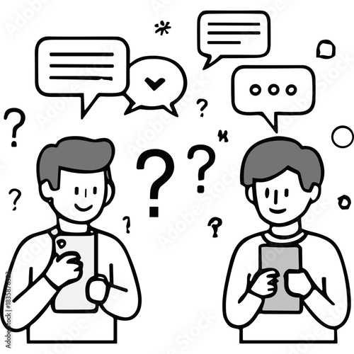 Two Men Smiling and Holding Devices With Speech Bubbles Overhead Representing Communication And Discussion In A Simple Line Art Style With A Dark Background And Subtle Question Marks