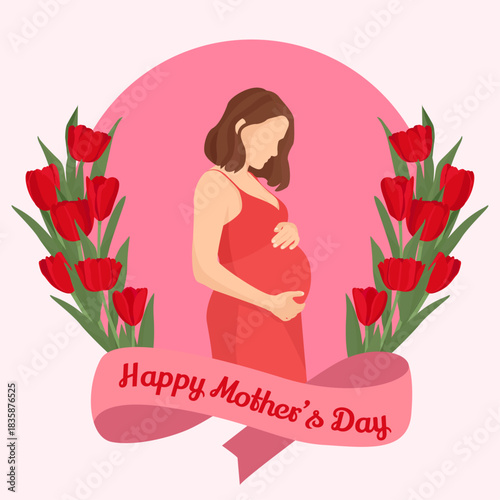 Happy mother's day pink card pregnant woman in red dress spring gentel tulips flowers 8th march