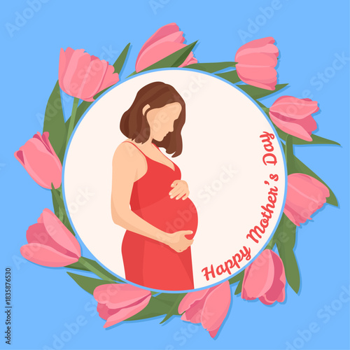 Happy mother's day greeting card pregnant woman pink cirular tulips flowers frame 8th march
