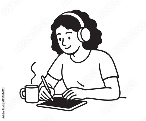 Creative young woman drawing on a tablet with a stylus while listening to music and enjoying a hot coffee in a minimalist black and white illustration