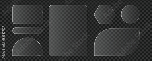 Transparent geometric glass panel shapes set with glossy reflections for modern ui design.