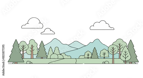 Serene minimalist landscape illustration featuring rolling green hills, evergreen trees, and distant mountains under a cloudy sky, representing nature's tranquility and simplicity