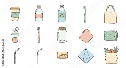Comprehensive Hand-Drawn Vector Icon Collection Featuring Sustainable Living and Eco-Friendly Products for a Zero Waste Lifestyle and Environmental Consciousness