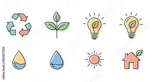 Comprehensive collection of modern outline icons illustrating environmental sustainability. Features symbols for recycling, renewable energy, water conservation, and eco-friendly living