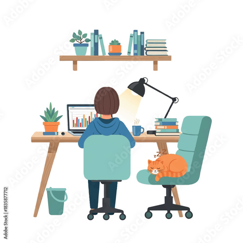 Woman Working from Home with Cat