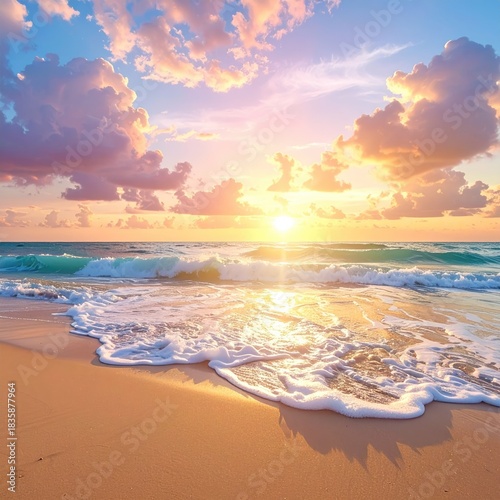 Beach waves at sunrise, vibrant sky