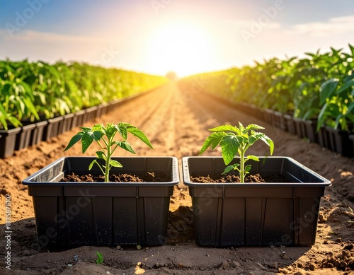 Tomato seedlings in field at sunset