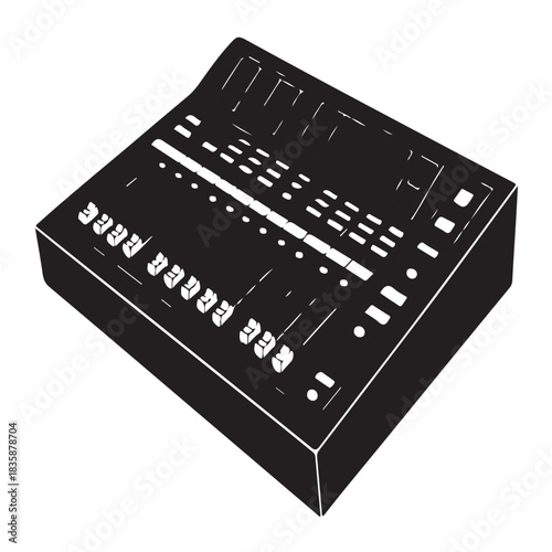A black and white illustration of a sound mixing console isolated on white background for graphic design purposes