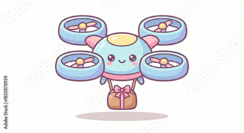 Cute pastel system of multiple drones carrying boxes, suitable for futuristic delivery concepts