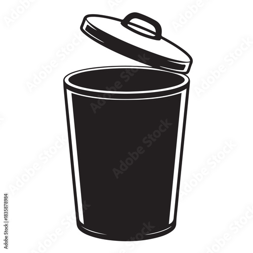 Black and white illustration of a trash can with the lid open isolated on white background for graphic design use
