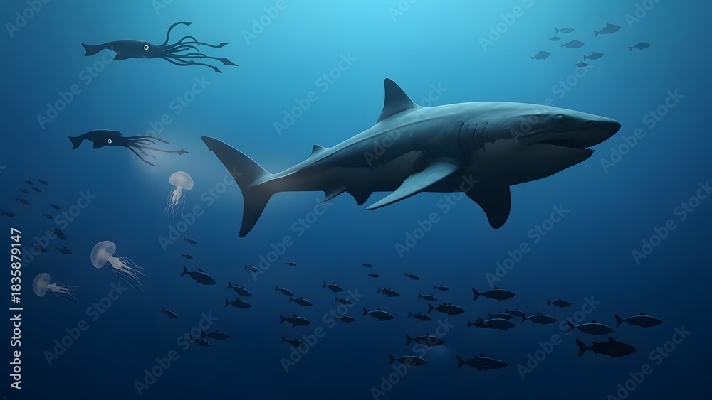 Fototapeta premium Giant Shark Roaming the Deep Ocean 5