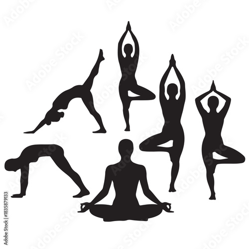 Diverse yoga poses isolated on white background, showcasing flexibility, balance, and mindfulness for holistic well being
