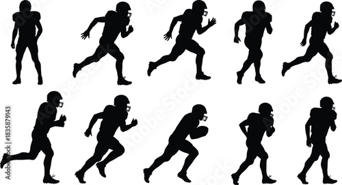 American football player running sequence silhouettes, athlete motion poses, sports illustration, sprint stages, helmet, shoulder pads, speed, action, training reference
