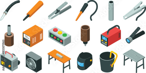 Isometric welding tool illustration set with welding machines, electrodes, clamps, protective gear, workshop equipment, industrial vector icons for fabrication work
