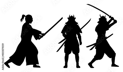 Samurai Silhouette Set. Traditional Warrior with Katana Poses Vector Collection