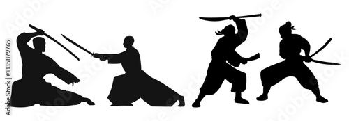 Samurai Silhouette Set. Traditional Warrior with Katana Poses Vector Collection