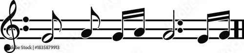 Music staff with black notes, a treble clef, and bar lines for sheet music, symphony, rhythm, song composition, and concert design vector.