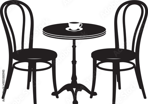 Black Silhouette of Bistro Table with Coffee Cup and Two Chairs furniture interior