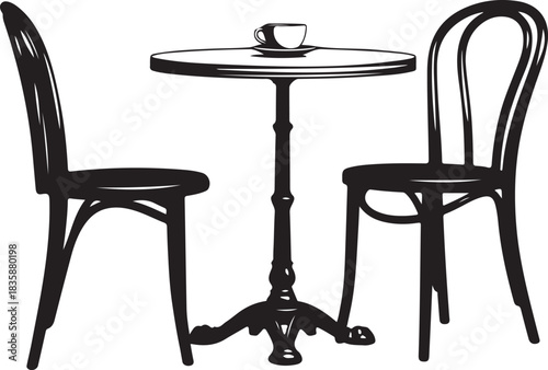 Black Silhouette of Bistro Table with Coffee Cup and Two Chairs furniture interior