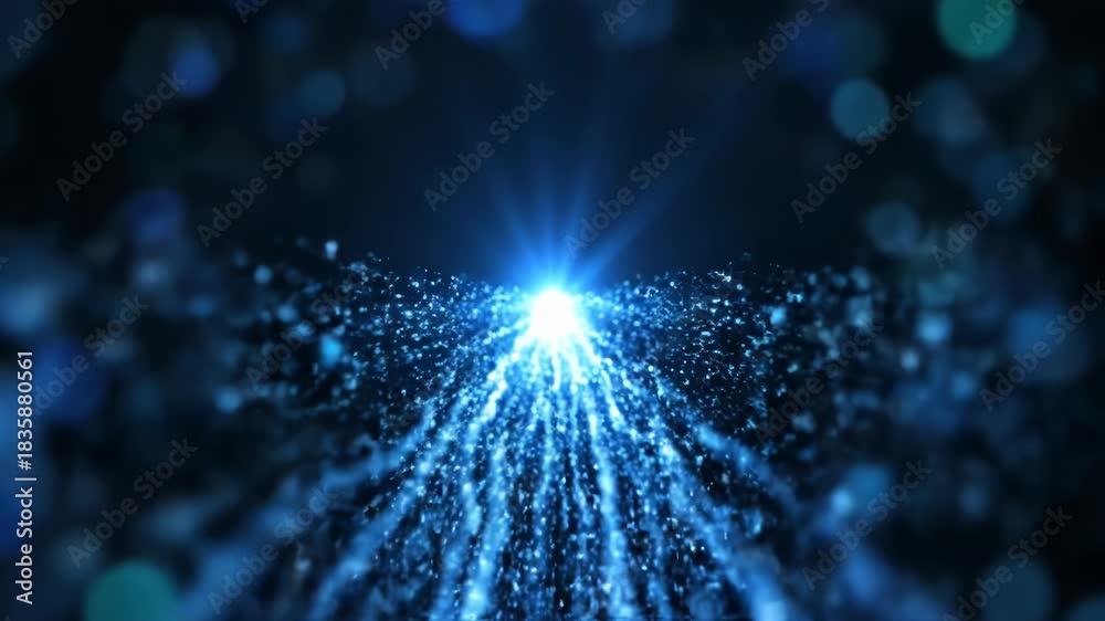 Ascending beam of bright blue light particle stream rising upward ...
