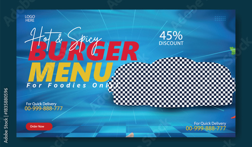 Delicious hot and spicy burger menu for foodies with a 45 discount offer and website information
