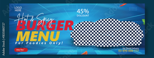 Delicious hot and spicy burger menu for foodies with a 45 discount offer and website information