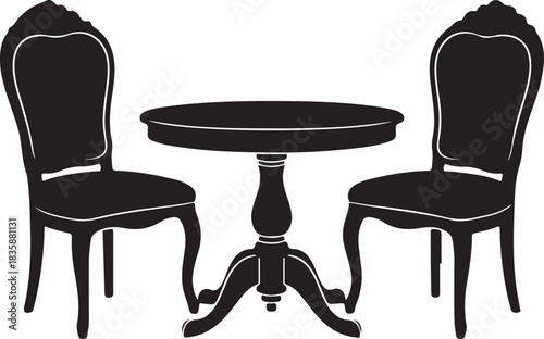 Ornate Table and Chairs Silhouette on White Background furniture vintage