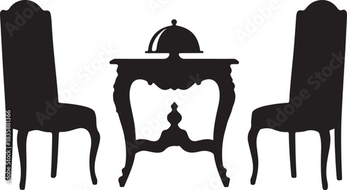 Silhouette of ornate table with cloche and two tall chairs serving dome