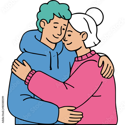 Two People Embracing Warmly With Eyes Closed Their Arms Wrapped Around Each Other Showing Affection And Connection In A Simple Flat Illustration Style With Blue And Pink Colors