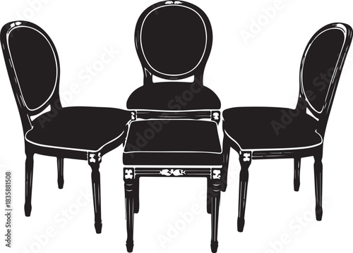 Three Black Silhouette Antique Chairs Arranged Together furniture vintage