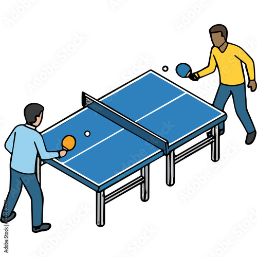 Two people playing table tennis indoors with blue ping pong table and paddles during the day