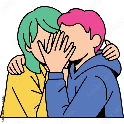 Two People Sharing A Secret Whispering Close Together With Hands Covering Mouths In A Tender Embrace Yellow and Blue Outfits Isolated On Black Background Flat Illustration Style