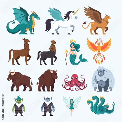 Mythical creatures collection including dragon, unicorn, griffin, centaur, mermaid, phoenix, yeti, and hydra for fantasy designs