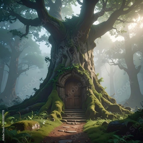 Enchanted tree with a hidden doorway