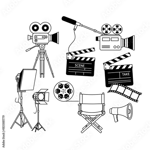 Essential film production equipment collection featuring vintage cameras, clapperboards, lighting, and megaphone for creative storytelling and cinema projects.