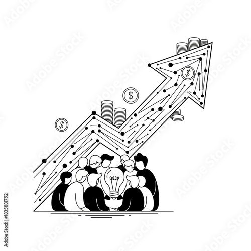 Team collaborates on innovative idea fueling financial growth and market success, visualizing startup momentum and investment potential.