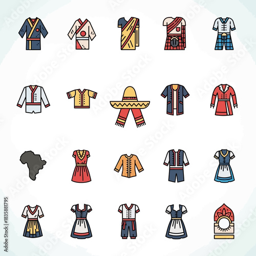 Discover global fashion diversity with vibrant cultural attire icons representing traditions from around the world