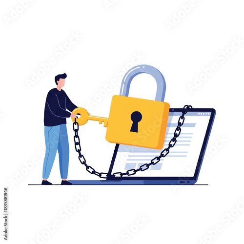 Man Unlocking Laptop with Chain and Padlock