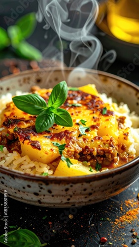 Steaming bowl with rice and toppings