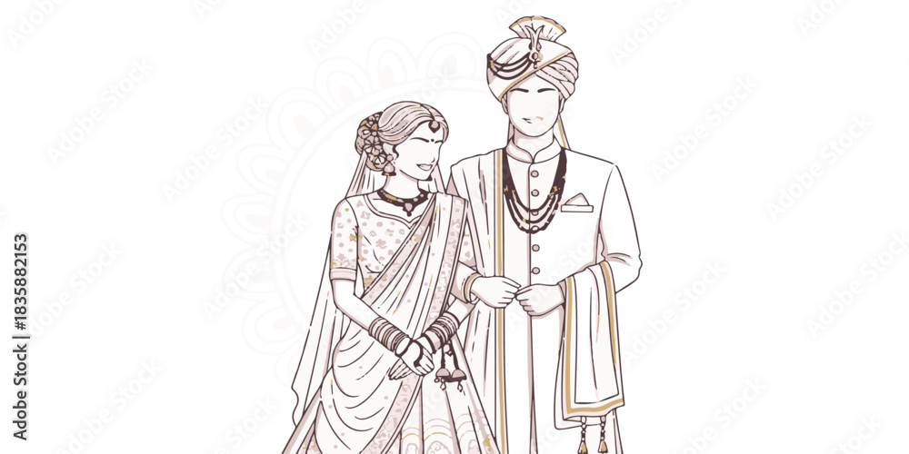 Fototapeta premium A beautifully crafted illustration of an Indian bride and groom in traditional attire, featuring clean lines and soft color gradients