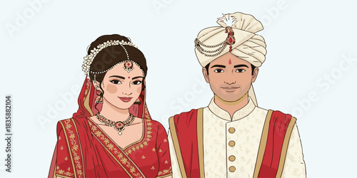 A refined illustration of an Indian wedding couple in traditional attire, created with clean line art and soft solid or gradient colors
