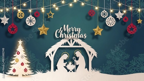 Nativity scene with christmas tree and festive decorations