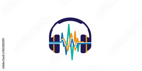 A stylish illustration of a DJ emblem featuring headphones and rhythmic shapes created with clean geometric lines and bold solid colors