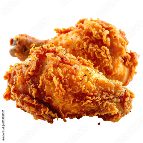 Two pieces of golden, crispy, seasoned fried chicken together