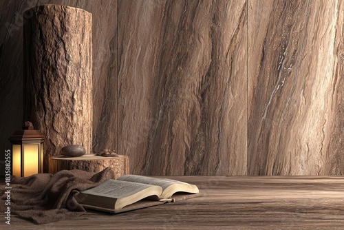 A cozy scene with an open book, wood textures, and warm lighting, perfect for relaxation and inspiration.
