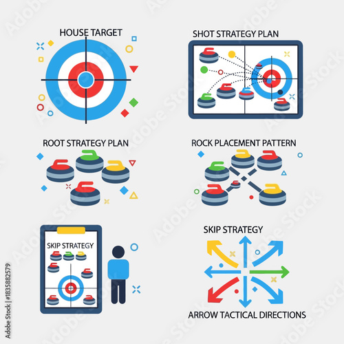 Vivid Modern Curling Competition Icon Set – Trophy, Medal, Podium, Bracket, Match Badge