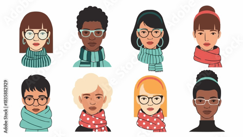 Diverse group of people wearing glasses and scarves in a flat illustration style.