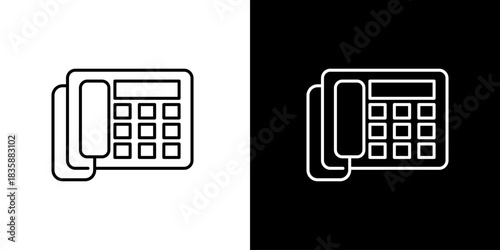 Retro fax machine icon with keypad and handset, presented on white and black backgrounds for digital design