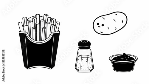 French fries in a black container with salt and sauce.