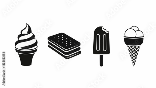 Assortment of Frozen Desserts - Ice Cream Cone, Sandwich, and Popsicle.